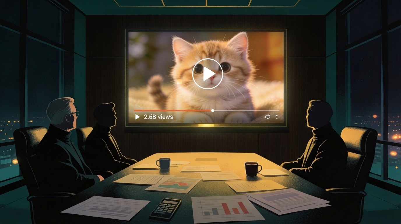 Three executives in silhouette in a dark boardroom at night, watching a giant screen playing a kitten video with 2.6 billion views, documents with flat charts and a calculator on the table.