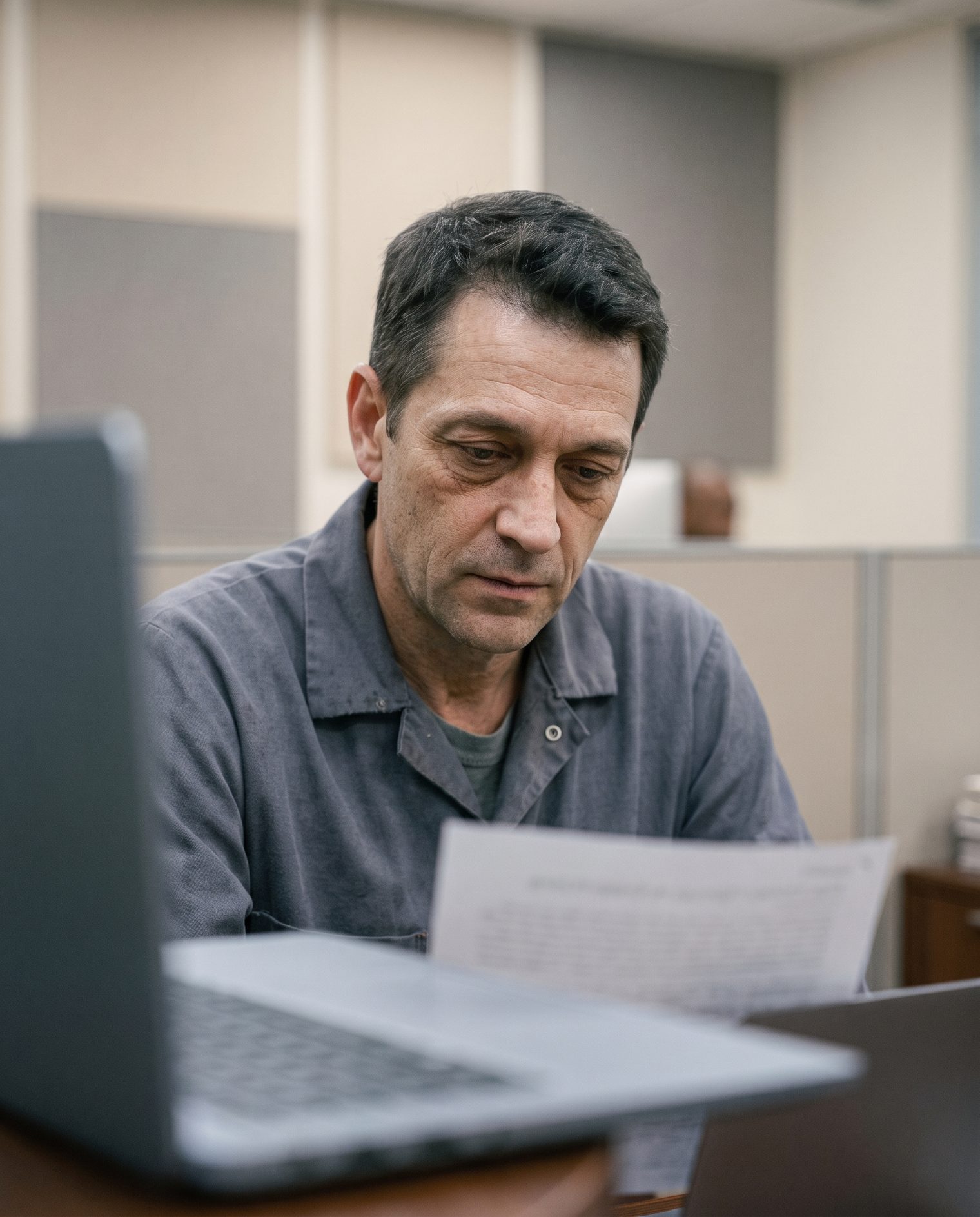 A middle-aged worker at an office cubicle, laptop open in front of him, looking down at a printed document with a weary, disengaged expression.