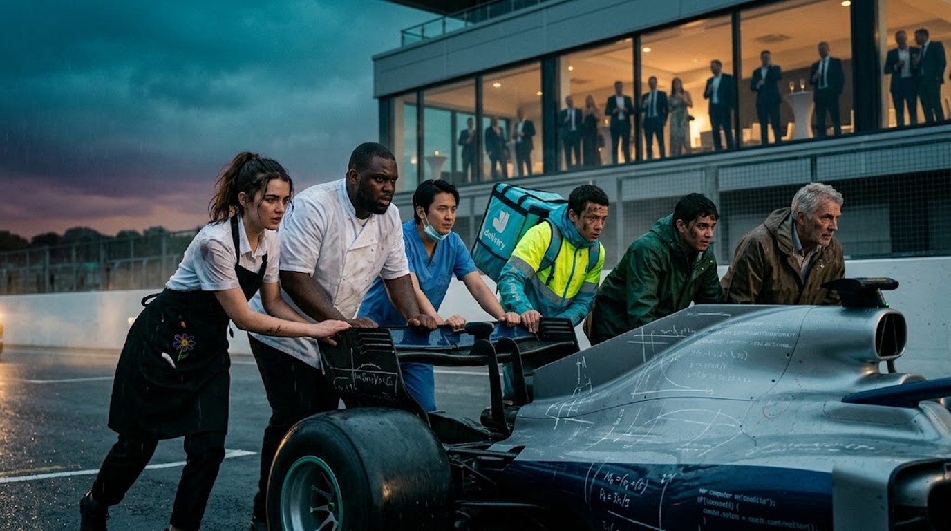 On a rain-soaked racing grid at dusk, a waitress in a black apron leads a group of workers — a chef, a nurse, a delivery rider, a cleaner in hi-vis and an older man — pushing a Formula 1 car covered in hand-drawn equations and code, while executives in suits watch from a glass hospitality suite above.